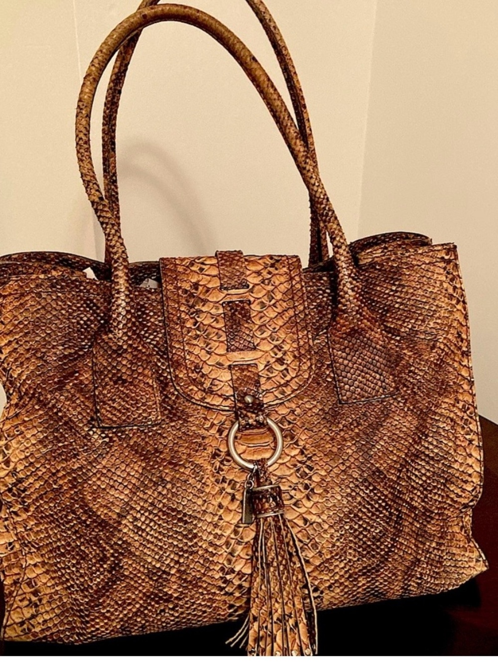 Stuart Weitzman Tan & Brown Snake-Embossed Tassel Shoulder Bag